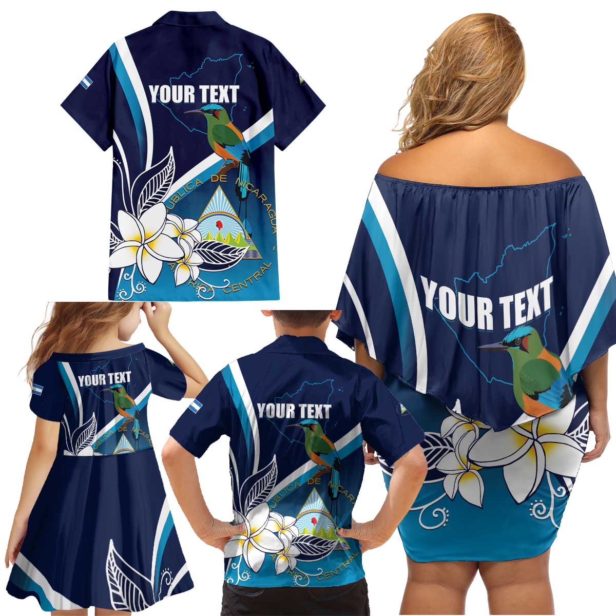 Nicaragua Independence Day Family Matching Off Shoulder Short Dress and Hawaiian Shirt Motmot Plumeria Floral - Wonder Print Shop