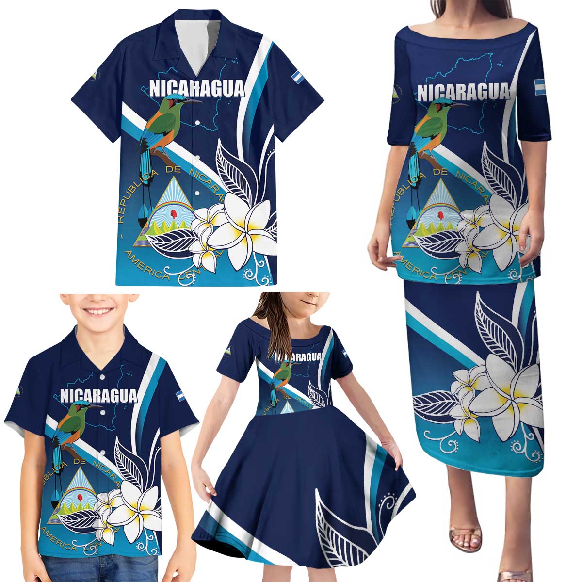 Nicaragua Independence Day Family Matching Puletasi and Hawaiian Shirt Motmot Plumeria Floral - Wonder Print Shop
