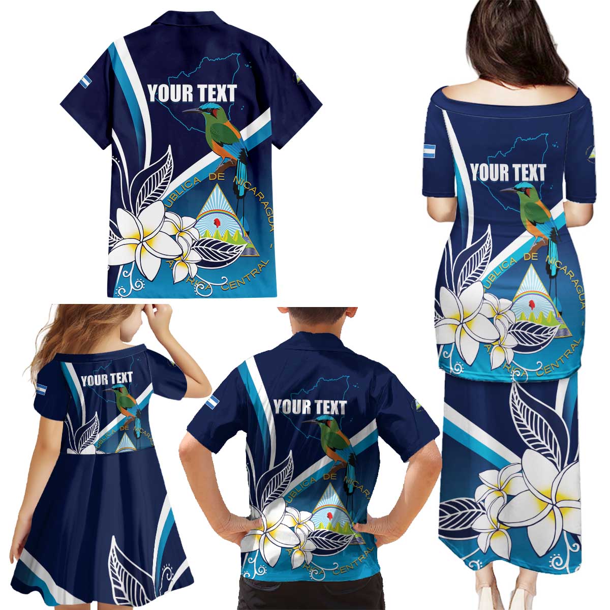 Nicaragua Independence Day Family Matching Puletasi and Hawaiian Shirt Motmot Plumeria Floral - Wonder Print Shop