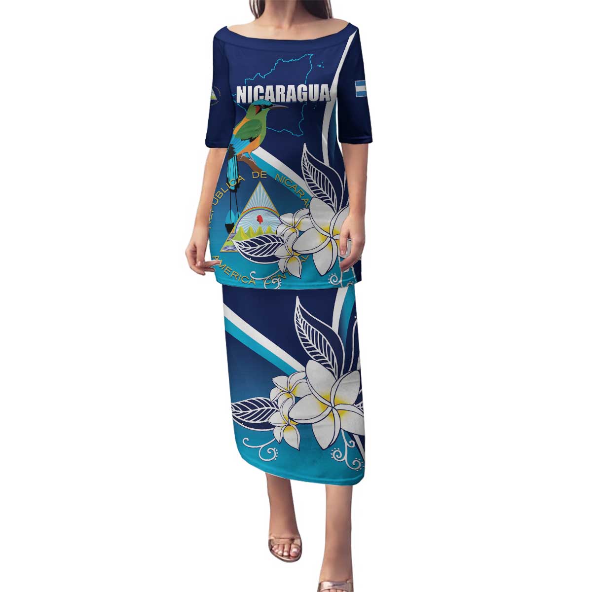 Nicaragua Independence Day Family Matching Puletasi and Hawaiian Shirt Motmot Plumeria Floral - Wonder Print Shop