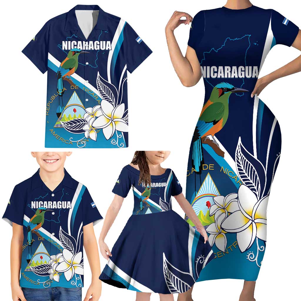 Nicaragua Independence Day Family Matching Short Sleeve Bodycon Dress and Hawaiian Shirt Motmot Plumeria Floral - Wonder Print Shop