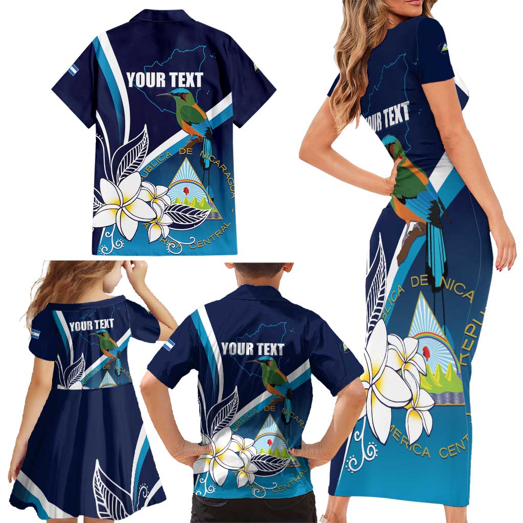 Nicaragua Independence Day Family Matching Short Sleeve Bodycon Dress and Hawaiian Shirt Motmot Plumeria Floral - Wonder Print Shop