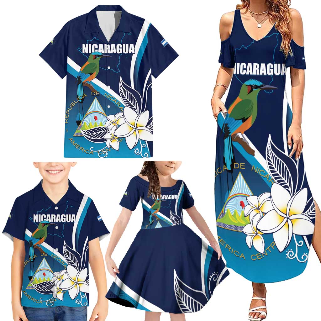 Nicaragua Independence Day Family Matching Summer Maxi Dress and Hawaiian Shirt Motmot Plumeria Floral - Wonder Print Shop