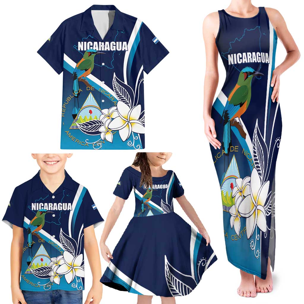 Nicaragua Independence Day Family Matching Tank Maxi Dress and Hawaiian Shirt Motmot Plumeria Floral - Wonder Print Shop