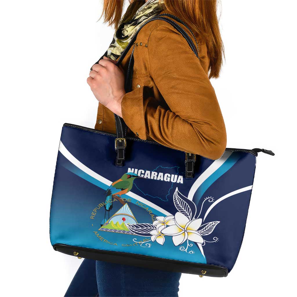 Nicaragua Independence Day Leather Tote Bag Motmot Plumeria Floral - Wonder Print Shop