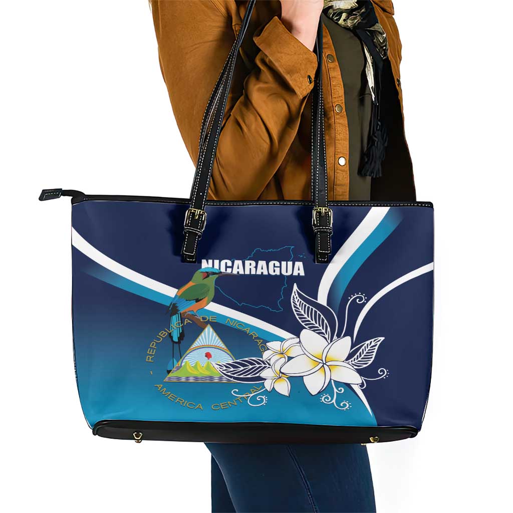 Nicaragua Independence Day Leather Tote Bag Motmot Plumeria Floral - Wonder Print Shop