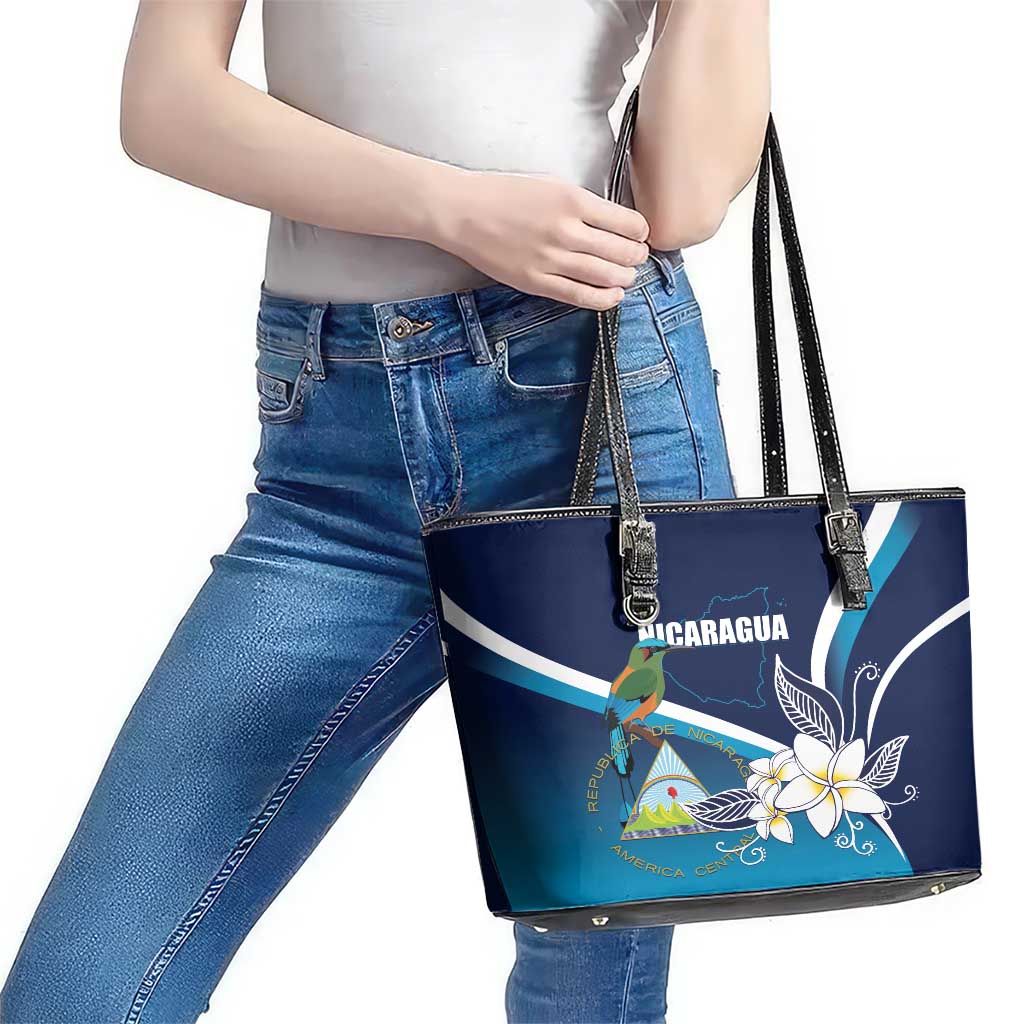 Nicaragua Independence Day Leather Tote Bag Motmot Plumeria Floral - Wonder Print Shop