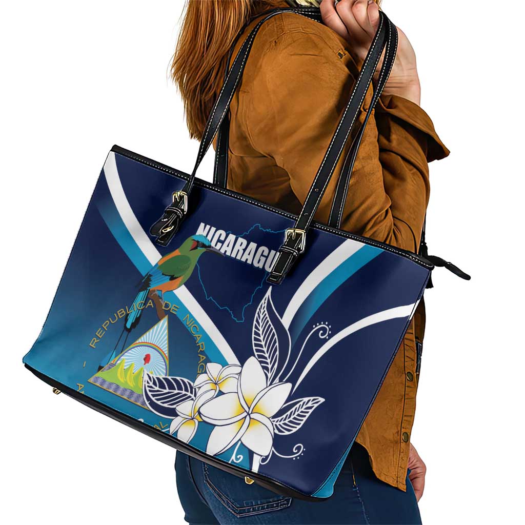 Nicaragua Independence Day Leather Tote Bag Motmot Plumeria Floral - Wonder Print Shop