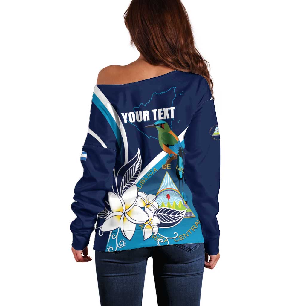 Nicaragua Independence Day Off Shoulder Sweater Motmot Plumeria Floral - Wonder Print Shop