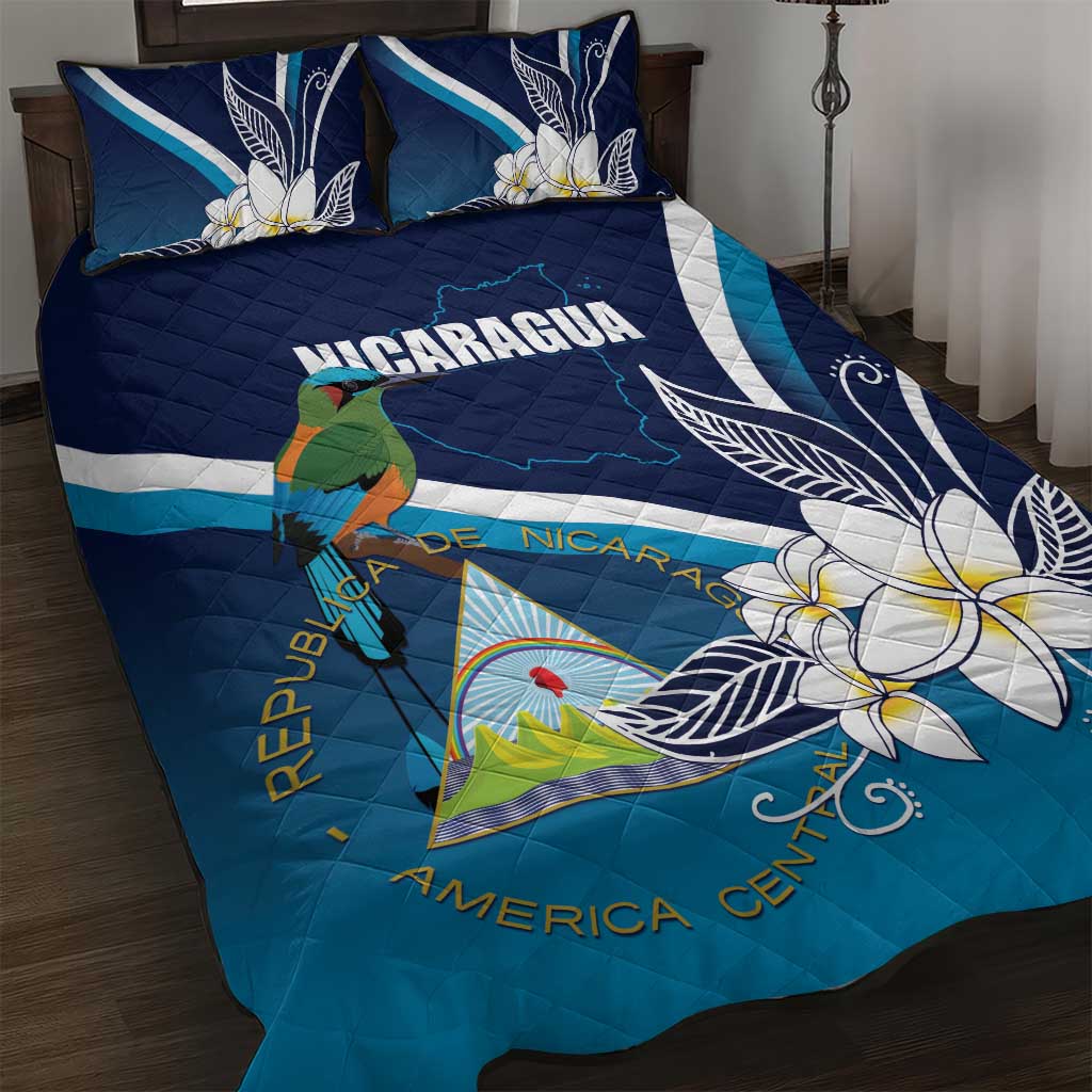 Nicaragua Independence Day Quilt Bed Set Motmot Plumeria Floral - Wonder Print Shop