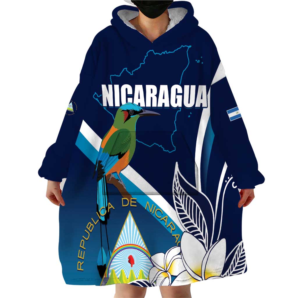 Nicaragua Independence Day Wearable Blanket Hoodie Motmot Plumeria Floral - Wonder Print Shop