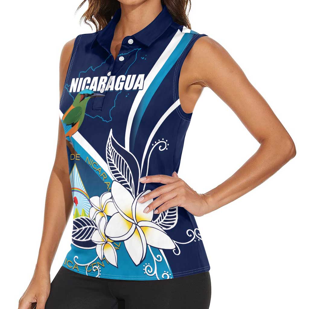 Nicaragua Independence Day Women Sleeveless Polo Shirt Motmot Plumeria Floral - Wonder Print Shop