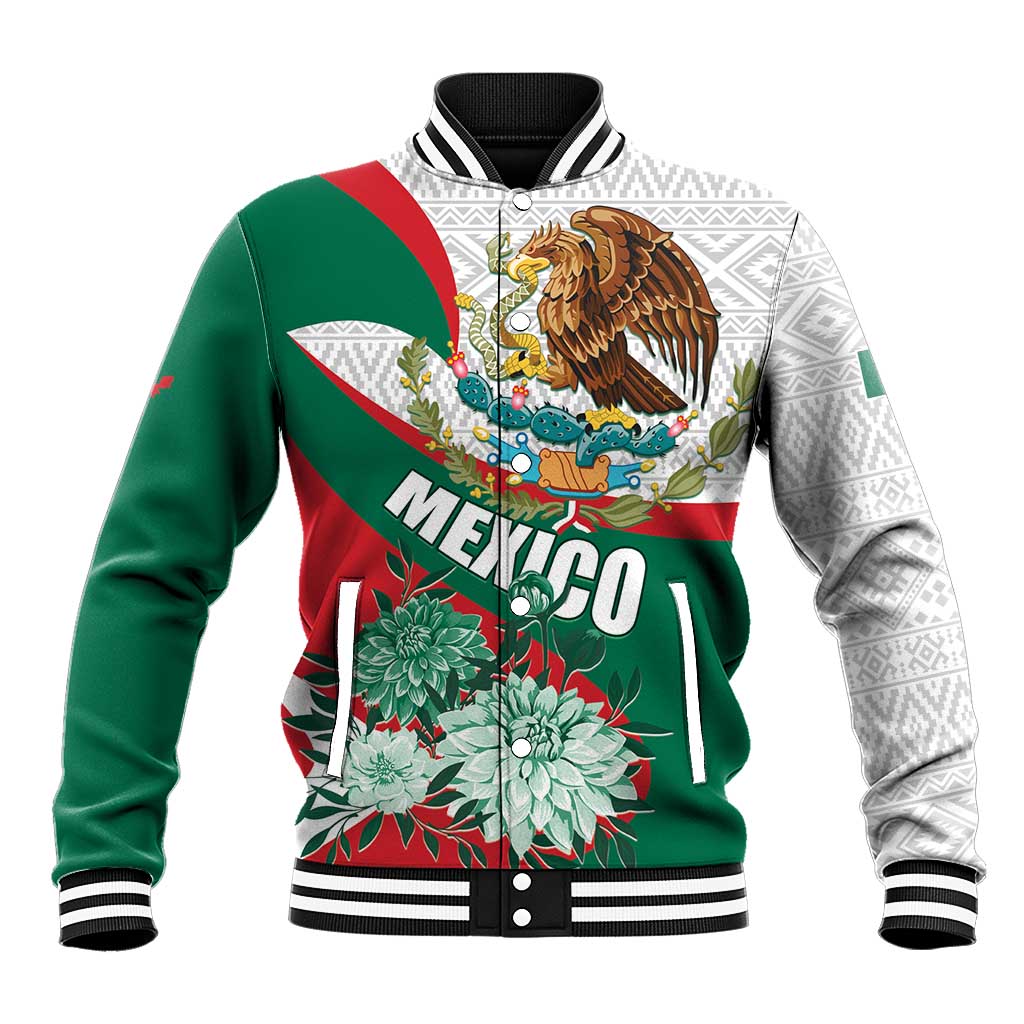 Mexico Independence Day Baseball Jacket Dahlia Flower Aztec Pattern - Wonder Print Shop