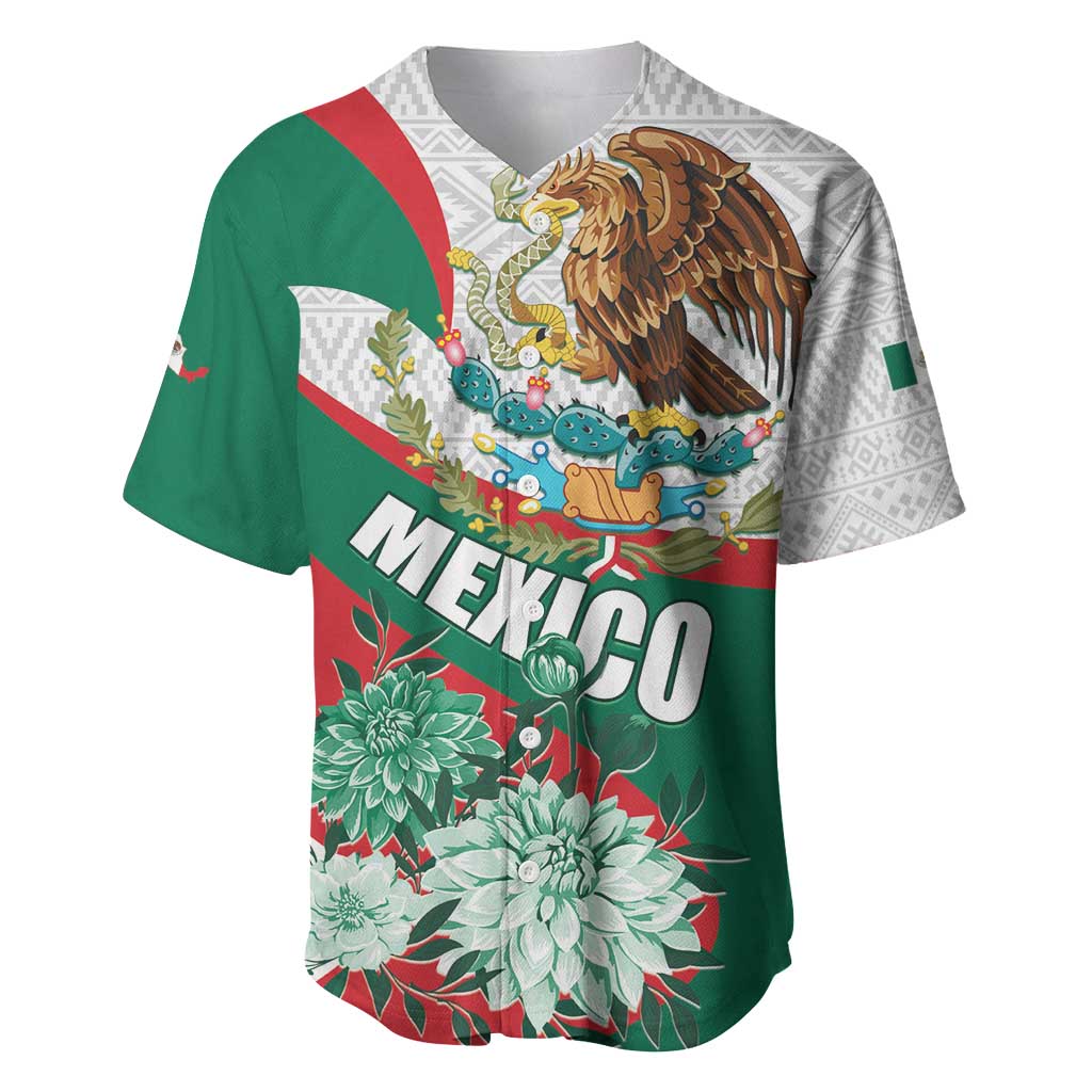 Mexico Independence Day Baseball Jersey Dahlia Flower Aztec Pattern - Wonder Print Shop