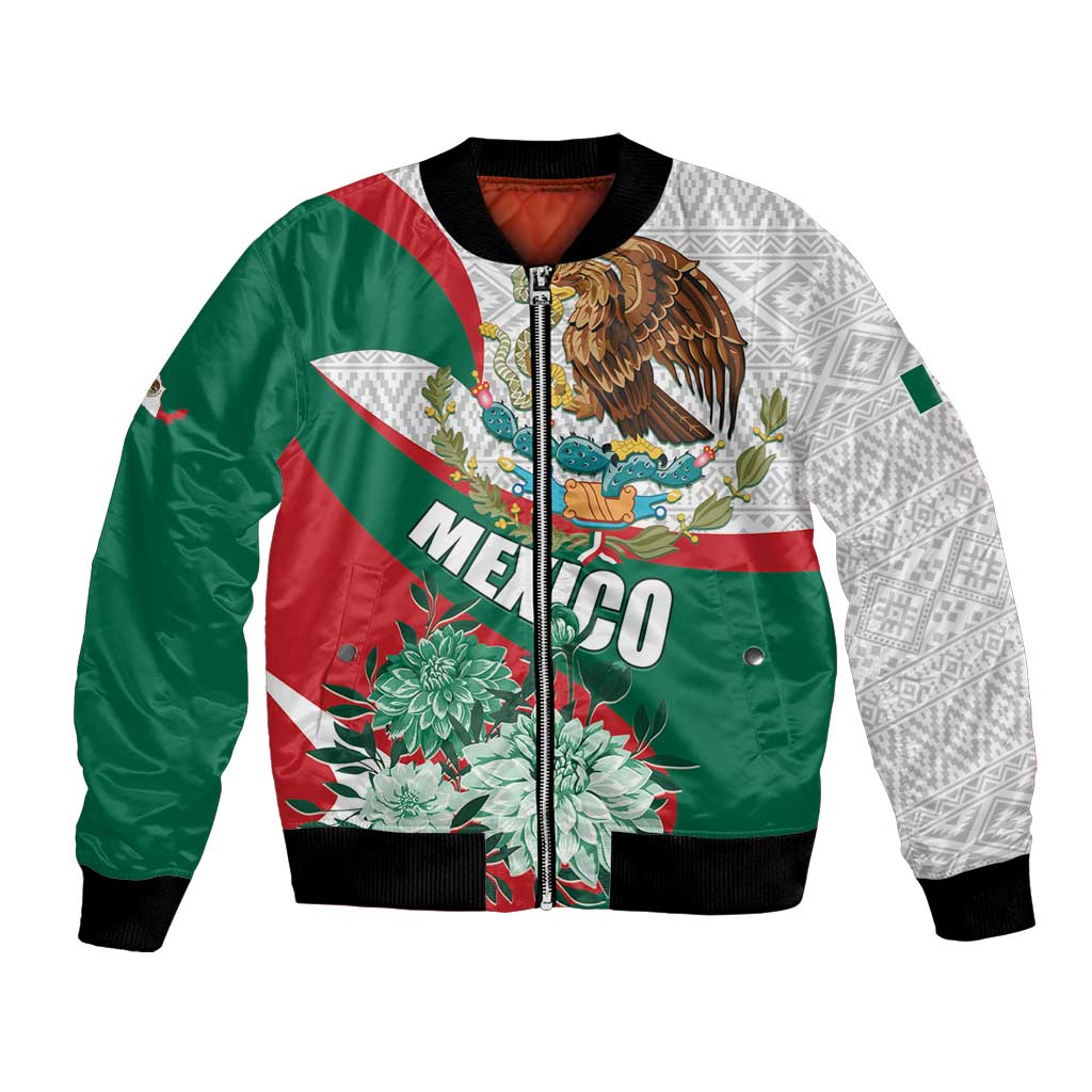 Mexico Independence Day Bomber Jacket Dahlia Flower Aztec Pattern - Wonder Print Shop