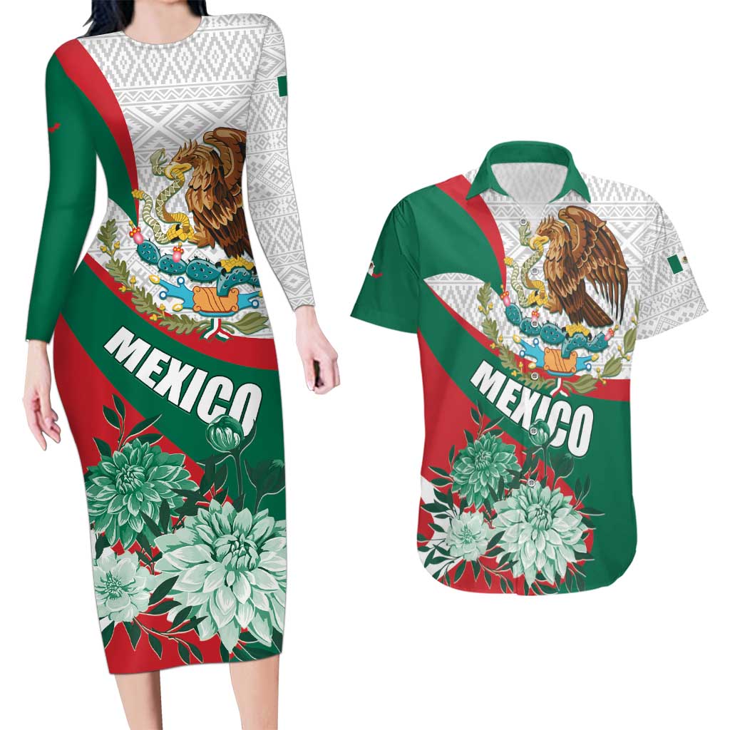 Mexico Independence Day Couples Matching Long Sleeve Bodycon Dress and Hawaiian Shirt Dahlia Flower Aztec Pattern - Wonder Print Shop