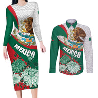 Mexico Independence Day Couples Matching Long Sleeve Bodycon Dress and Long Sleeve Button Shirt Dahlia Flower Aztec Pattern - Wonder Print Shop