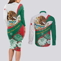 Mexico Independence Day Couples Matching Long Sleeve Bodycon Dress and Long Sleeve Button Shirt Dahlia Flower Aztec Pattern - Wonder Print Shop