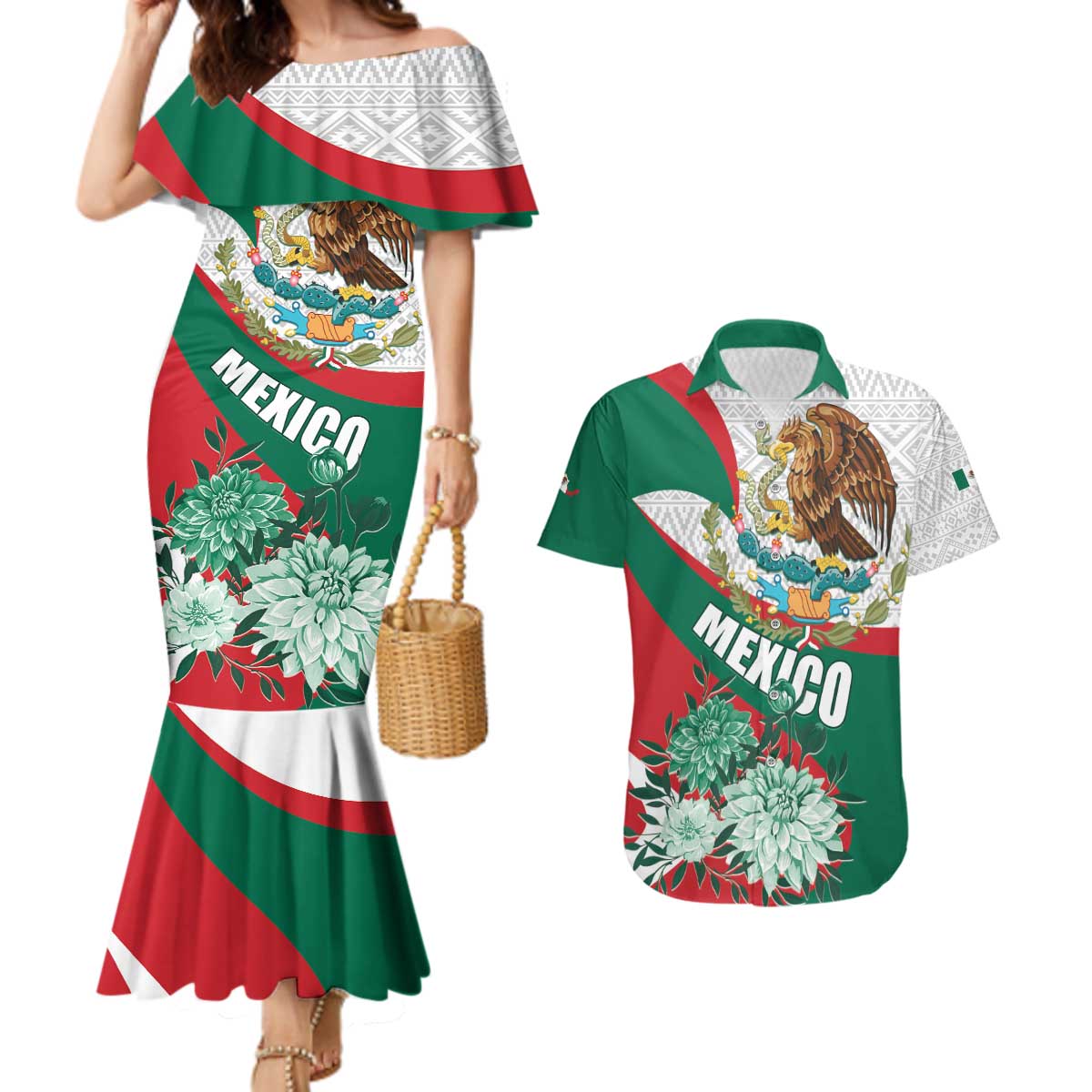 Mexico Independence Day Couples Matching Mermaid Dress and Hawaiian Shirt Dahlia Flower Aztec Pattern - Wonder Print Shop