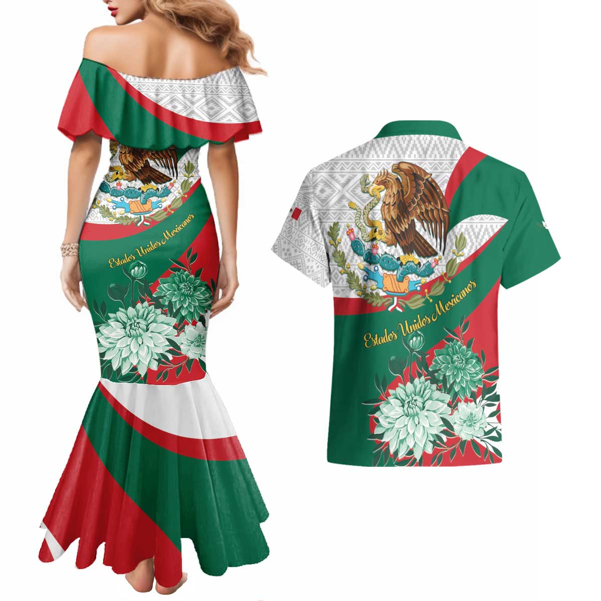 Mexico Independence Day Couples Matching Mermaid Dress and Hawaiian Shirt Dahlia Flower Aztec Pattern - Wonder Print Shop