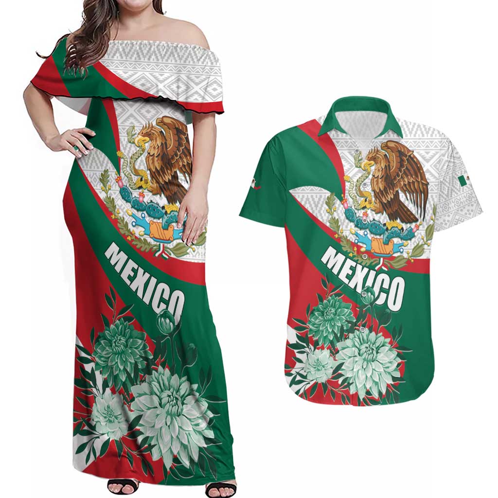 Mexico Independence Day Couples Matching Off Shoulder Maxi Dress and Hawaiian Shirt Dahlia Flower Aztec Pattern - Wonder Print Shop