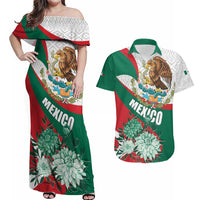 Mexico Independence Day Couples Matching Off Shoulder Maxi Dress and Hawaiian Shirt Dahlia Flower Aztec Pattern - Wonder Print Shop