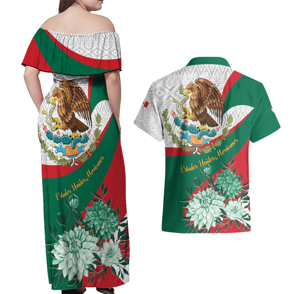 Mexico Independence Day Couples Matching Off Shoulder Maxi Dress and Hawaiian Shirt Dahlia Flower Aztec Pattern - Wonder Print Shop