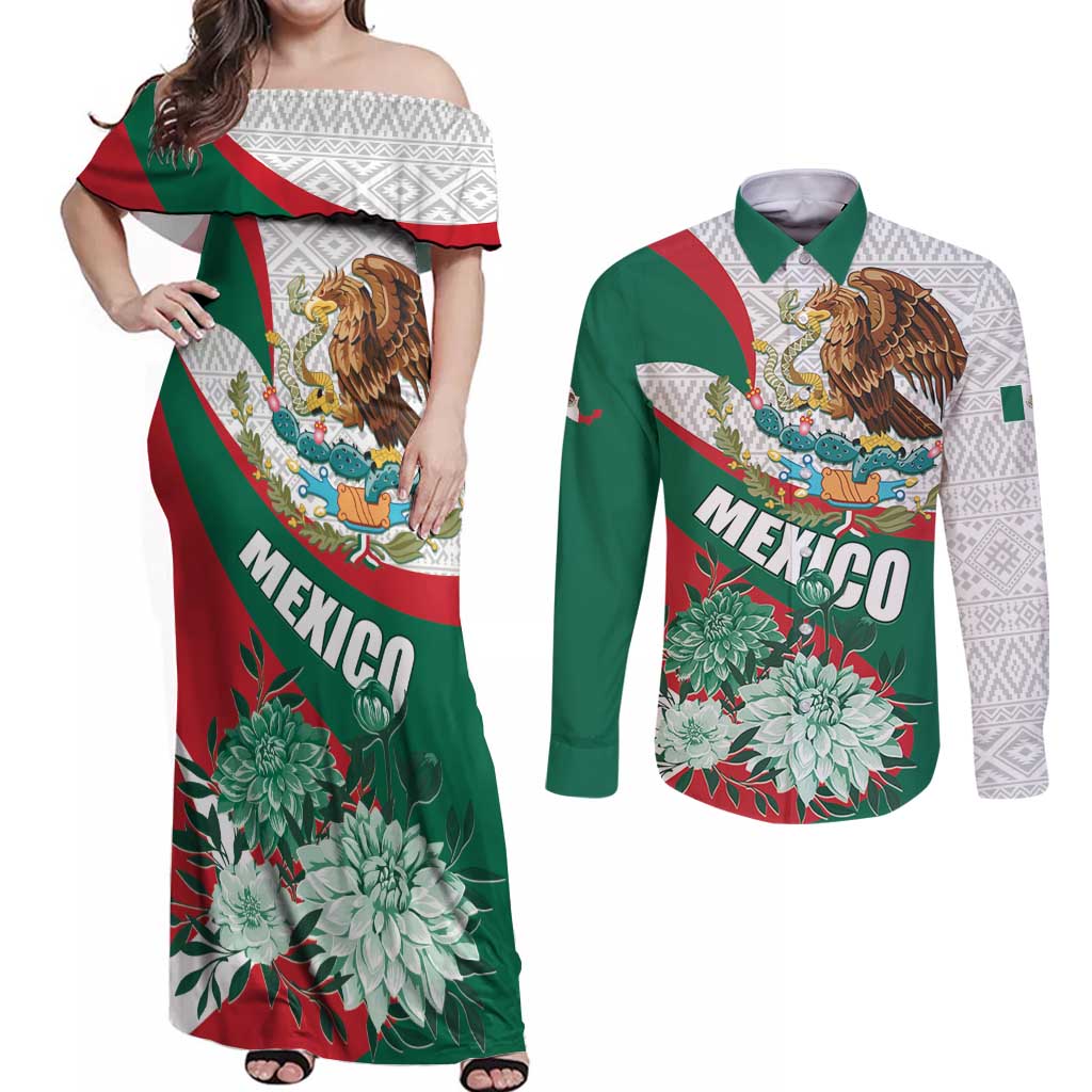 Mexico Independence Day Couples Matching Off Shoulder Maxi Dress and Long Sleeve Button Shirt Dahlia Flower Aztec Pattern - Wonder Print Shop
