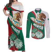 Mexico Independence Day Couples Matching Off Shoulder Maxi Dress and Long Sleeve Button Shirt Dahlia Flower Aztec Pattern - Wonder Print Shop