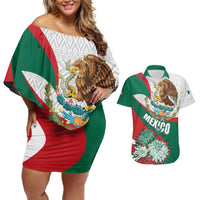 Mexico Independence Day Couples Matching Off Shoulder Short Dress and Hawaiian Shirt Dahlia Flower Aztec Pattern - Wonder Print Shop