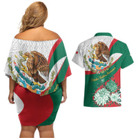 Mexico Independence Day Couples Matching Off Shoulder Short Dress and Hawaiian Shirt Dahlia Flower Aztec Pattern - Wonder Print Shop
