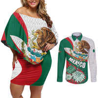 Mexico Independence Day Couples Matching Off Shoulder Short Dress and Long Sleeve Button Shirt Dahlia Flower Aztec Pattern - Wonder Print Shop