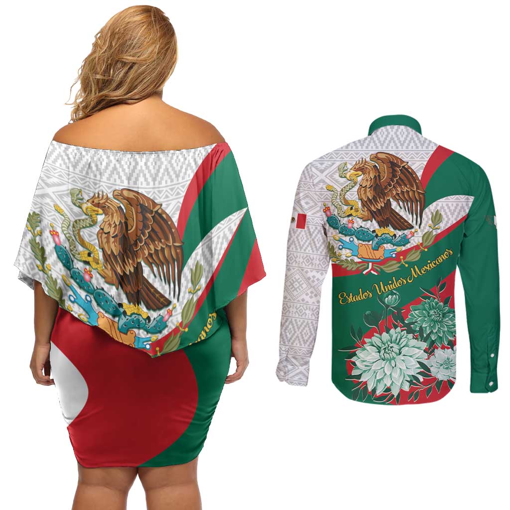 Mexico Independence Day Couples Matching Off Shoulder Short Dress and Long Sleeve Button Shirt Dahlia Flower Aztec Pattern - Wonder Print Shop