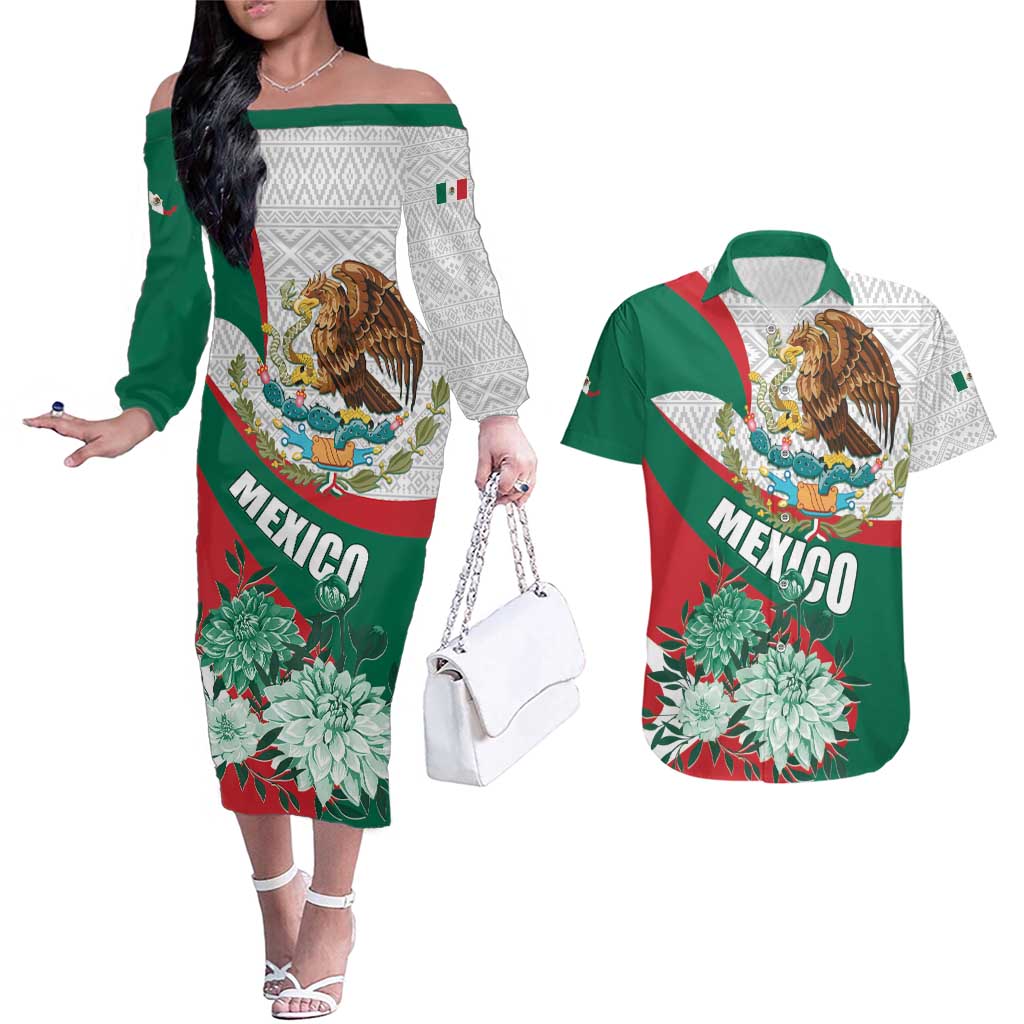 Mexico Independence Day Couples Matching Off The Shoulder Long Sleeve Dress and Hawaiian Shirt Dahlia Flower Aztec Pattern - Wonder Print Shop