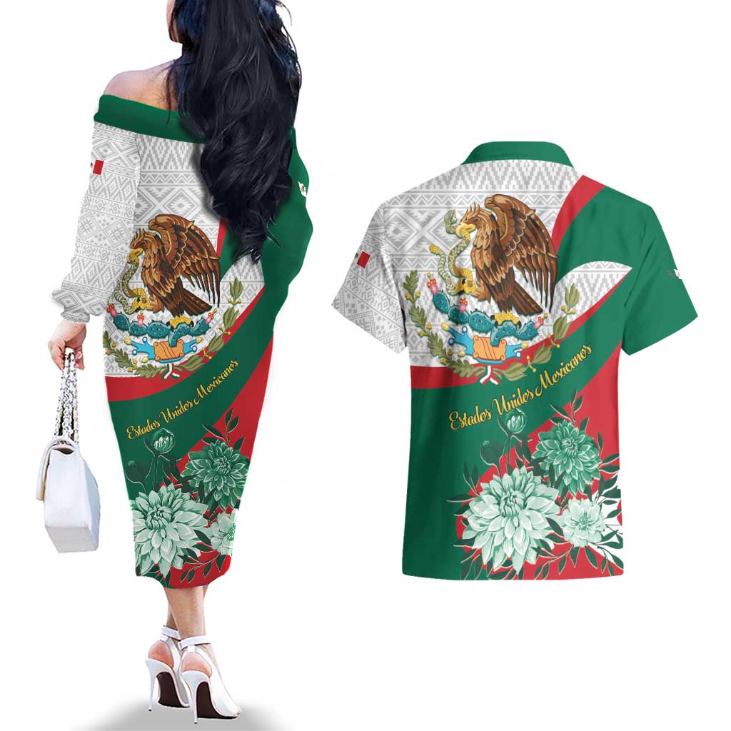 Mexico Independence Day Couples Matching Off The Shoulder Long Sleeve Dress and Hawaiian Shirt Dahlia Flower Aztec Pattern - Wonder Print Shop