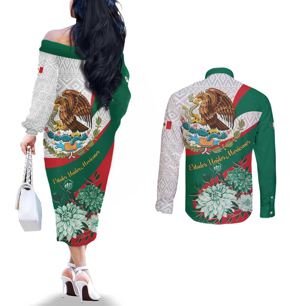 Mexico Independence Day Couples Matching Off The Shoulder Long Sleeve Dress and Long Sleeve Button Shirt Dahlia Flower Aztec Pattern
