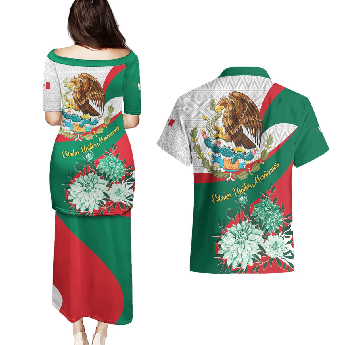 Mexico Independence Day Couples Matching Puletasi and Hawaiian Shirt Dahlia Flower Aztec Pattern - Wonder Print Shop