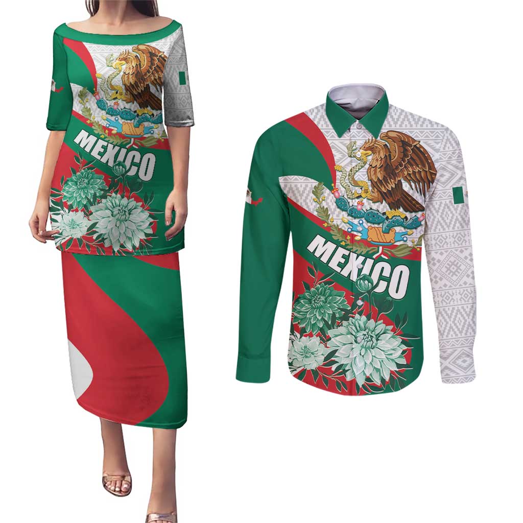 Mexico Independence Day Couples Matching Puletasi and Long Sleeve Button Shirt Dahlia Flower Aztec Pattern - Wonder Print Shop