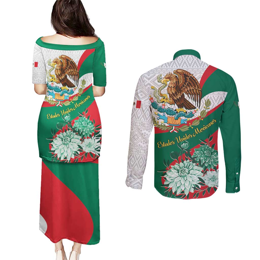 Mexico Independence Day Couples Matching Puletasi and Long Sleeve Button Shirt Dahlia Flower Aztec Pattern - Wonder Print Shop