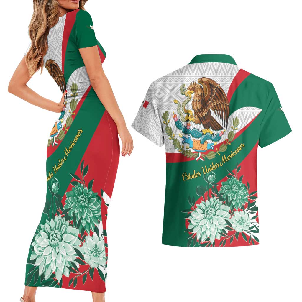 Mexico Independence Day Couples Matching Short Sleeve Bodycon Dress and Hawaiian Shirt Dahlia Flower Aztec Pattern - Wonder Print Shop