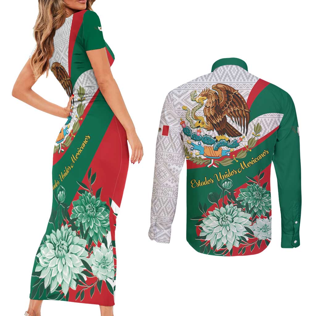 Mexico Independence Day Couples Matching Short Sleeve Bodycon Dress and Long Sleeve Button Shirt Dahlia Flower Aztec Pattern - Wonder Print Shop