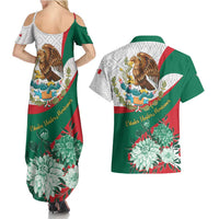 Mexico Independence Day Couples Matching Summer Maxi Dress and Hawaiian Shirt Dahlia Flower Aztec Pattern - Wonder Print Shop