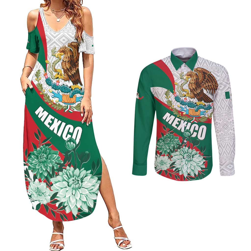 Mexico Independence Day Couples Matching Summer Maxi Dress and Long Sleeve Button Shirt Dahlia Flower Aztec Pattern - Wonder Print Shop