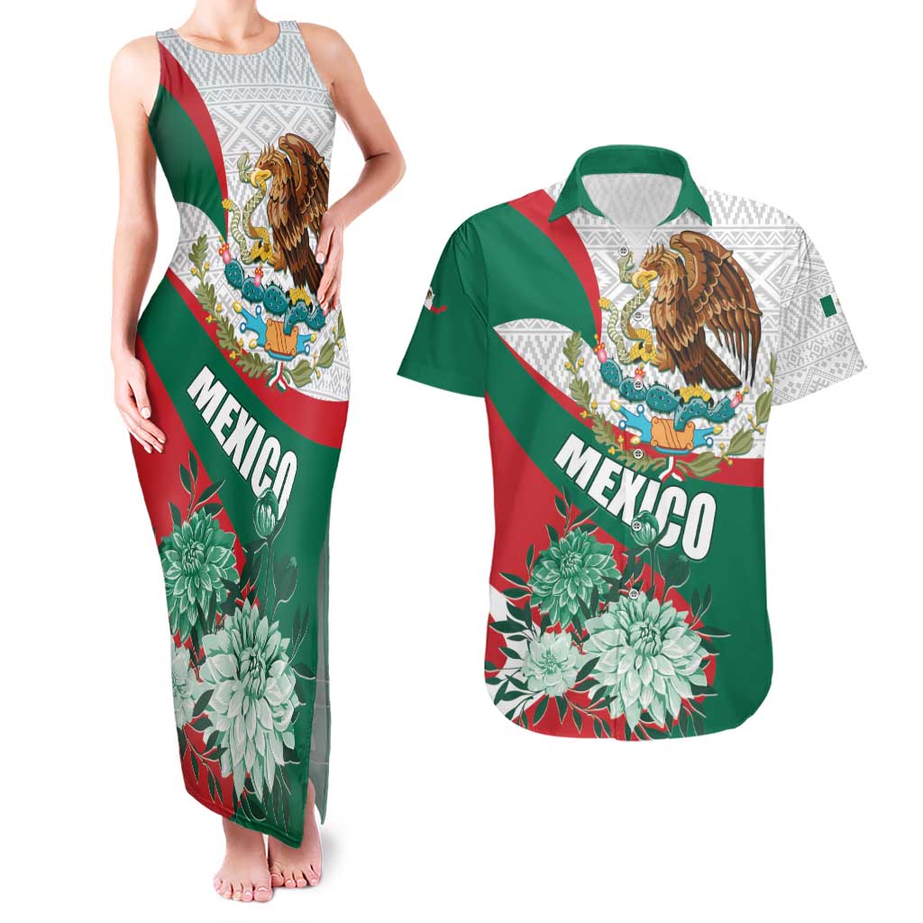 Mexico Independence Day Couples Matching Tank Maxi Dress and Hawaiian Shirt Dahlia Flower Aztec Pattern - Wonder Print Shop