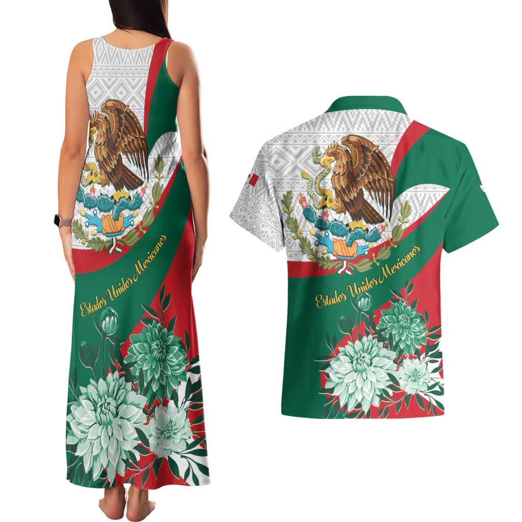 Mexico Independence Day Couples Matching Tank Maxi Dress and Hawaiian Shirt Dahlia Flower Aztec Pattern - Wonder Print Shop