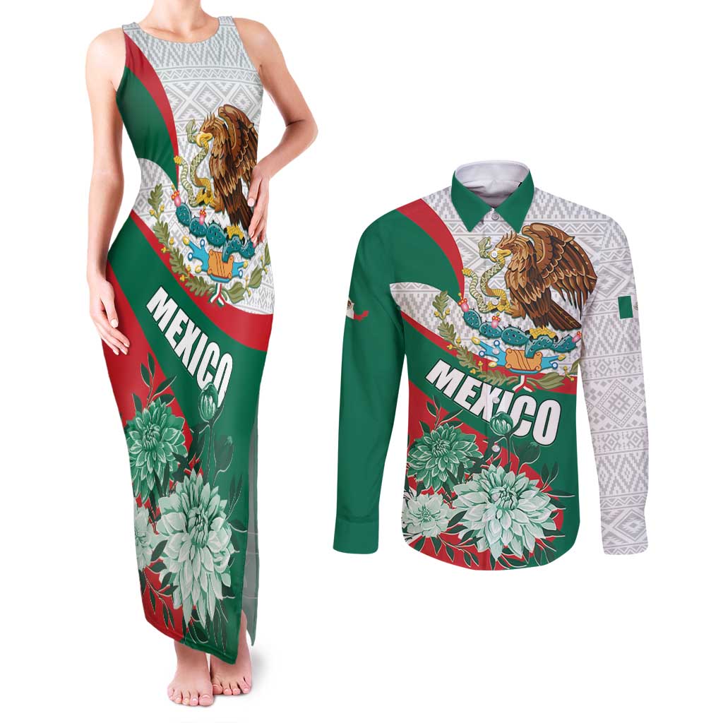 Mexico Independence Day Couples Matching Tank Maxi Dress and Long Sleeve Button Shirt Dahlia Flower Aztec Pattern - Wonder Print Shop