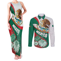 Mexico Independence Day Couples Matching Tank Maxi Dress and Long Sleeve Button Shirt Dahlia Flower Aztec Pattern - Wonder Print Shop