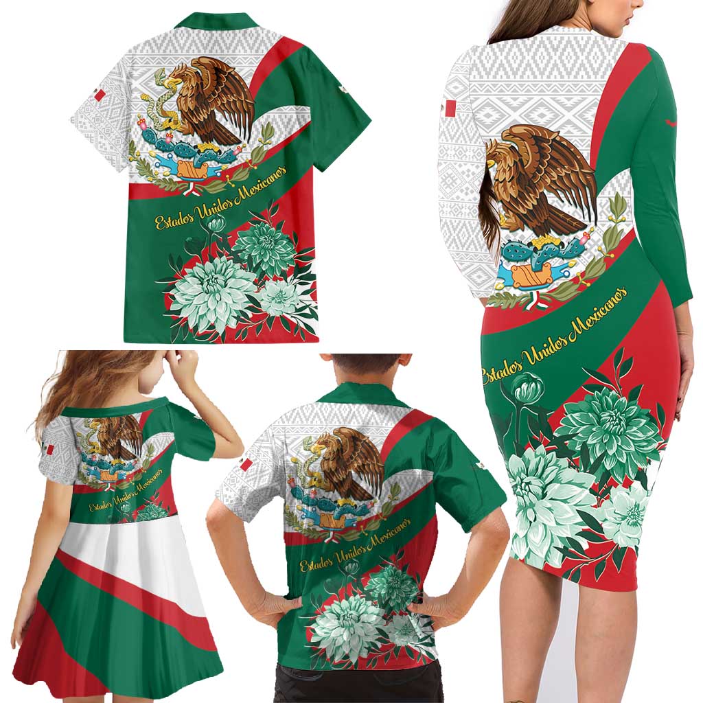Mexico Independence Day Family Matching Long Sleeve Bodycon Dress and Hawaiian Shirt Dahlia Flower Aztec Pattern - Wonder Print Shop