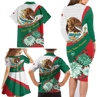 Mexico Independence Day Family Matching Long Sleeve Bodycon Dress and Hawaiian Shirt Dahlia Flower Aztec Pattern - Wonder Print Shop