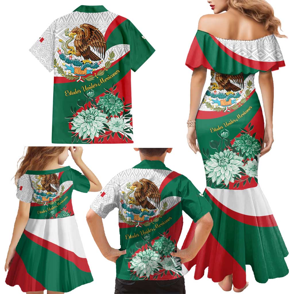 Mexico Independence Day Family Matching Mermaid Dress and Hawaiian Shirt Dahlia Flower Aztec Pattern - Wonder Print Shop